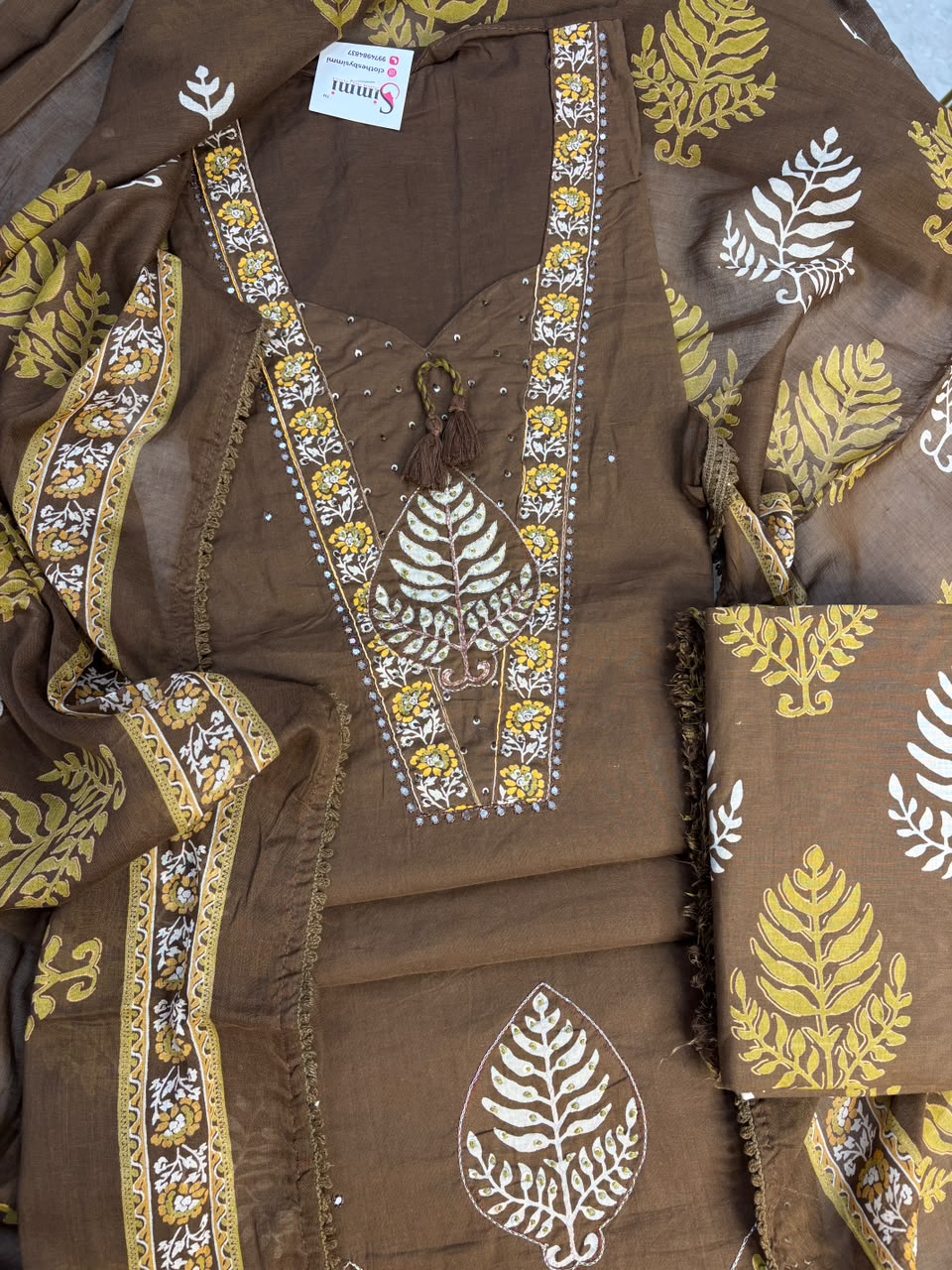 Brown Floral Leaf Print Suit Set