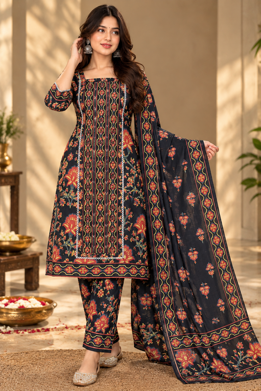Navy Blue Floral Printed Suit Set
