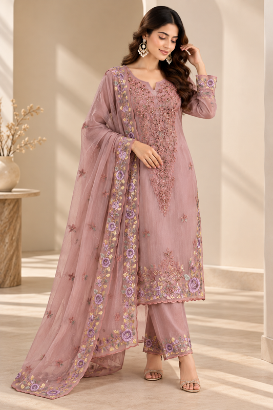 Dusty Rose Floral Embroidered Suit Set