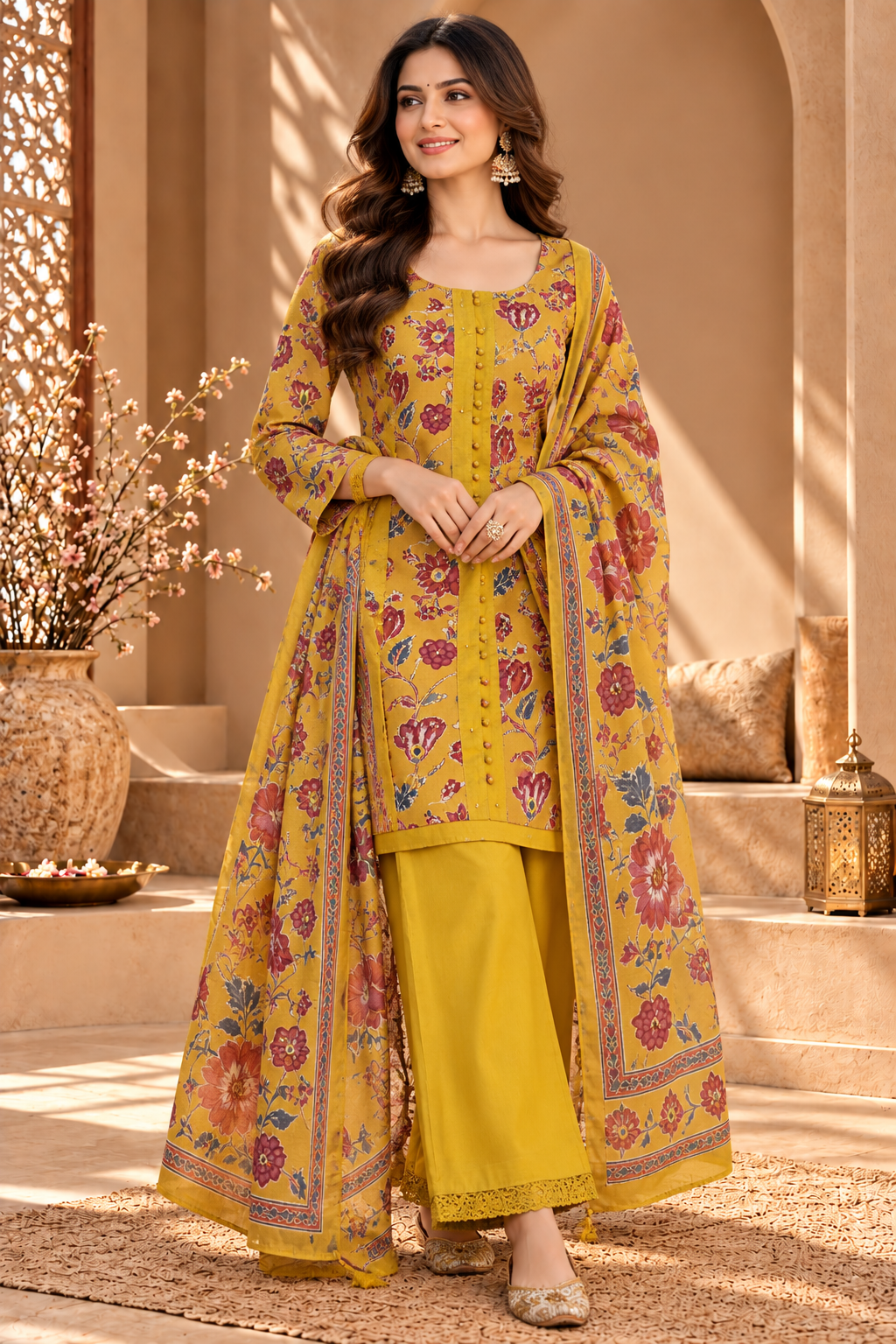 Mustard Yellow Floral Printed Suit Set