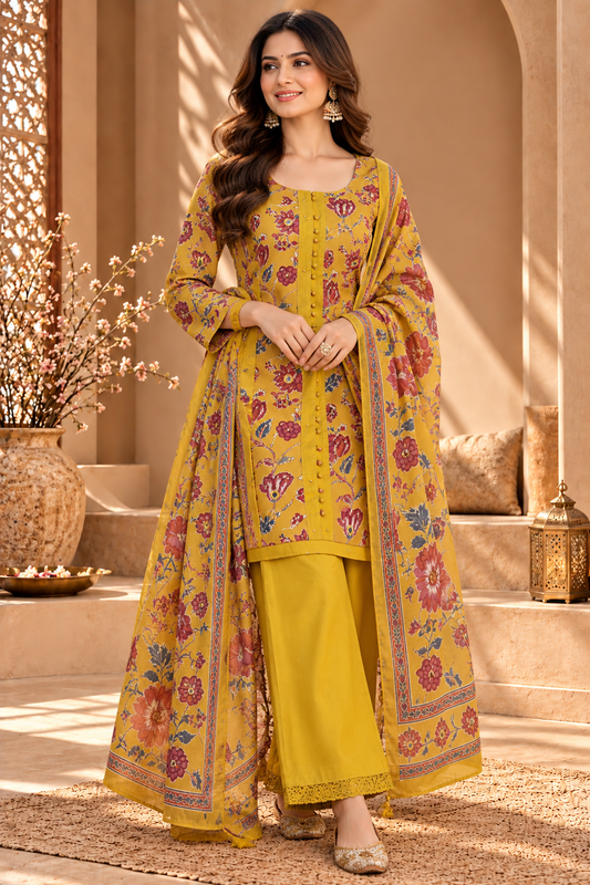 Mustard Yellow Floral Printed Suit Set