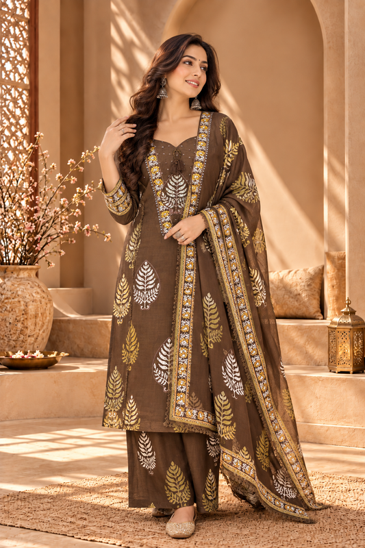 Brown Floral Leaf Print Suit Set