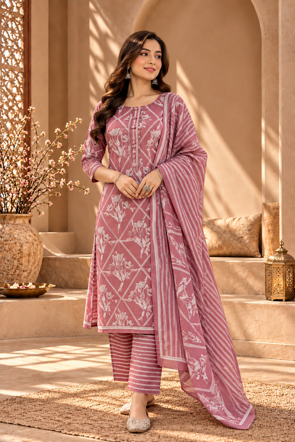 Dusty Rose Floral Printed Suit Set
