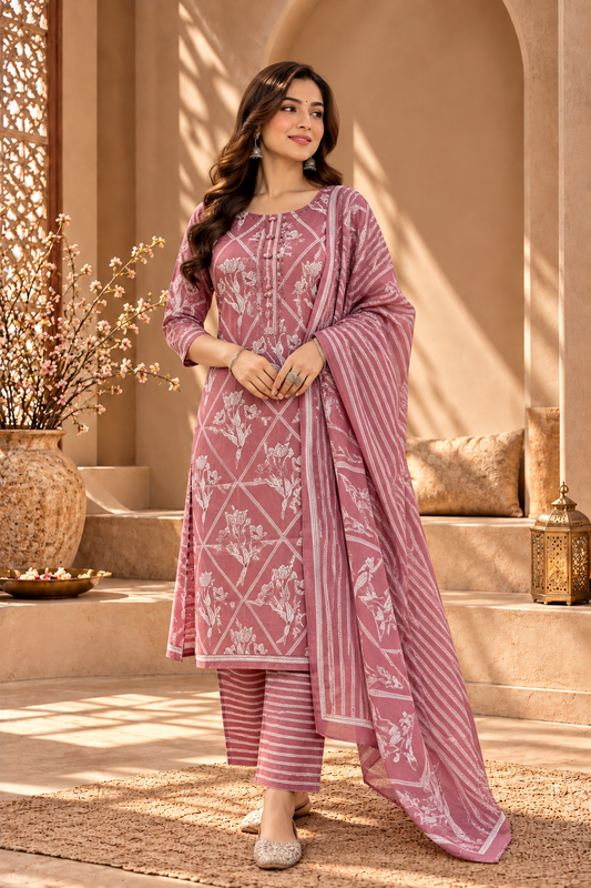 Dusty Rose Floral Printed Suit Set