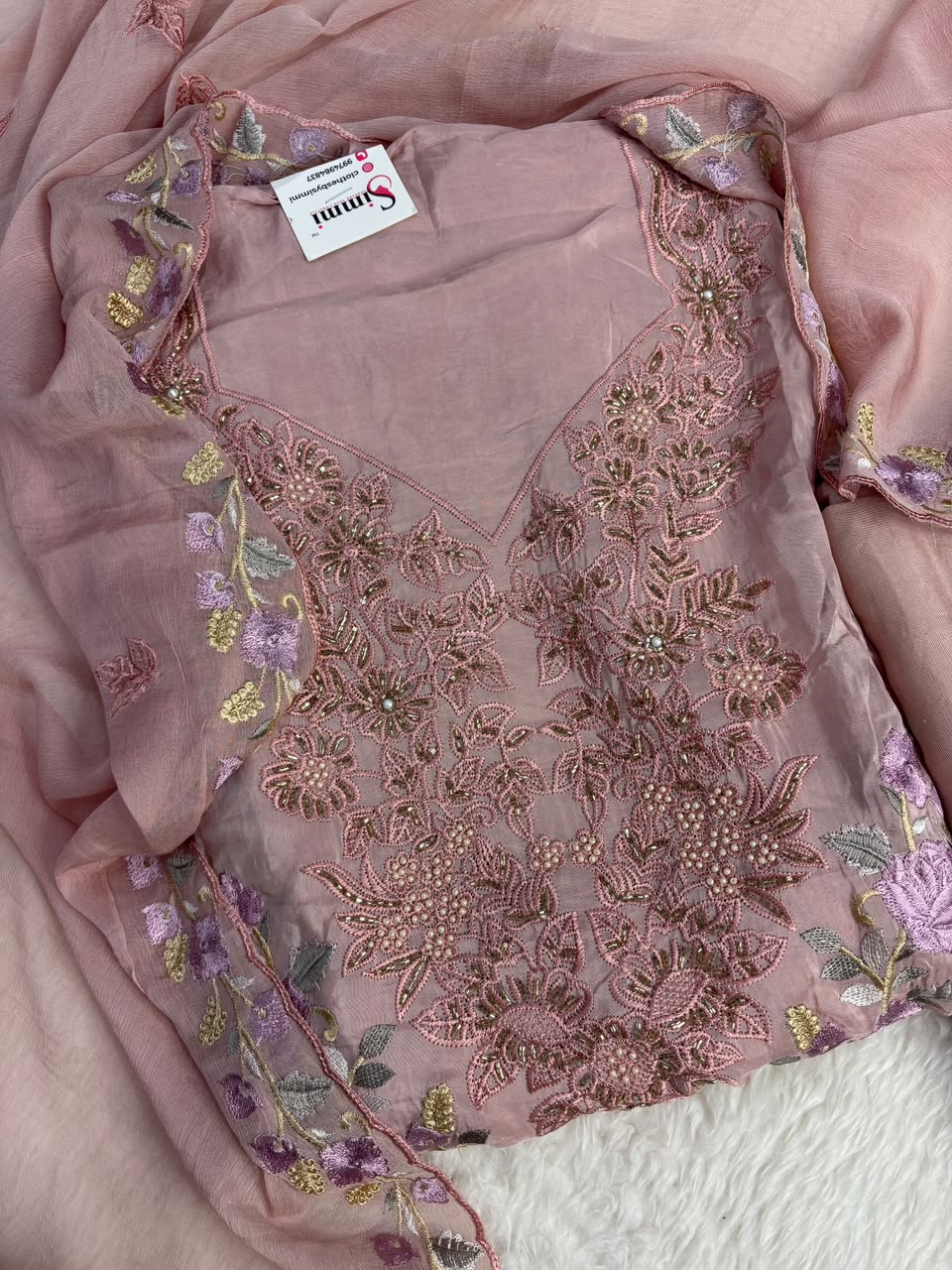 Dusty Rose Floral Embroidered Suit Set